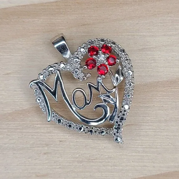 Vtg Sterling Silver Heart Pendant "Mom" Design Red Crystal Flower Accents 0.8" - Picture 1 of 6